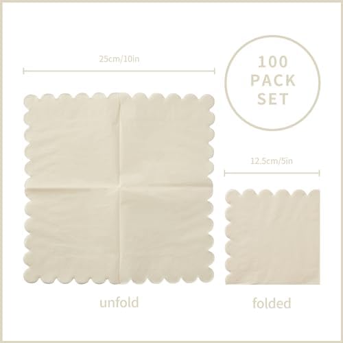 100 Pack Cocktail Napkin 2-Ply Scalloped Edged Dessert Napkins Folded 5 x 5 Inches Disposable Napkins for Dinner Wedding Birthday Party Bridal Anniversary Reception Event (Milky-White)