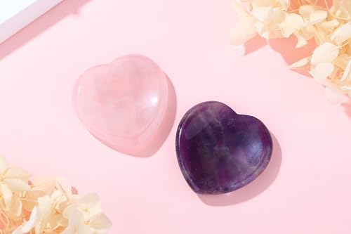 YATOJUZI 2PCS Thumb Worry Stone for Anxiety Healing Crystals Sets Amethyst Rose Quartz Heart Gemstone Pocket Stones Hand Carved Natural Crystal Stones Reiki Palm Stone for Meditation Gifts for Women