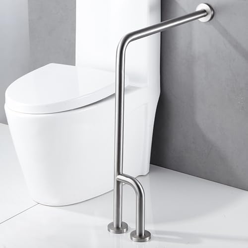 Shower Handicap Grab Bars for Bathroom Wall, Curved Stainless Steel Toilet Grab Bar Toilet with Legs,Wall Mounted Floor-Standing Safety Handrail, Support Handle for Seniors Disabled, 55×70cm Right