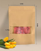 50pcs Kraft Bags with Window 5.9x8.6 Inches Brown Reusable Sealable Zip Lock Food Storage Stand up Paper Pouches for Home or Business
