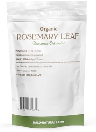 Halo Naturals Organic Rosemary Leaf Whole, 4 Ounces (Rosmarinus officinalis) USDA Certified | Resealable Pouch| Packaged in The USA