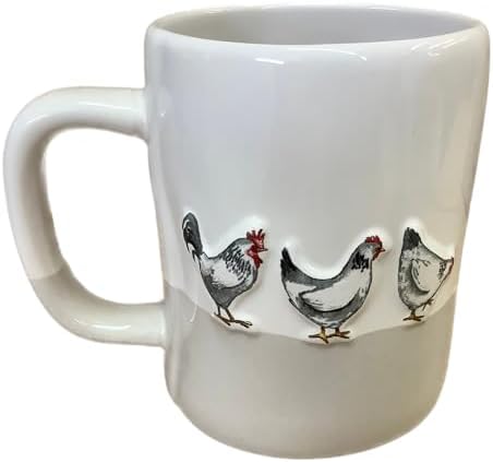 Rae Dunn Cluck Coffee Mug, 14 oz, Farmhouse Style with Chicks & Chickens, White/Beige Colorblock