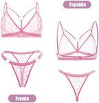 Women's Sheer Lingerie Set Sexy See Through Bra and Panty 2 Piece Heart Print Mesh Lace Bikini Top Underwear Thong