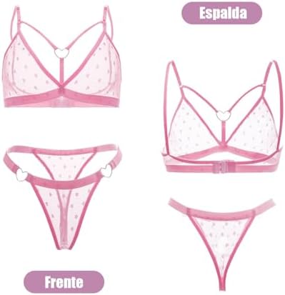 Women's Sheer Lingerie Set Sexy See Through Bra and Panty 2 Piece Heart Print Mesh Lace Bikini Top Underwear Thong