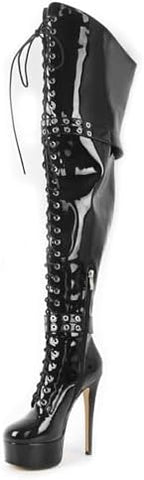 VERISSON Womens Platform High Heel Thigh High Boots Stiletto Heel Wide Calf Over the Knee Boots Round Toe Lace up Zipper with Buckle Patent Leather Dress Punk Shoes