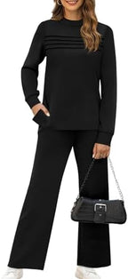 WIHOLL Two Piece Sets for Women Spring Travel Vacation Outfits 2026 Long Sleeve Lounge Sets Side Slit Wide Leg Pants S-3XL