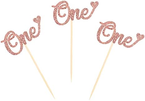 Morndew 24 PCS Rose Gold One/1st Cupcake Toppers for Baby Shower Kids First Birthday Anniversary Party Decorations