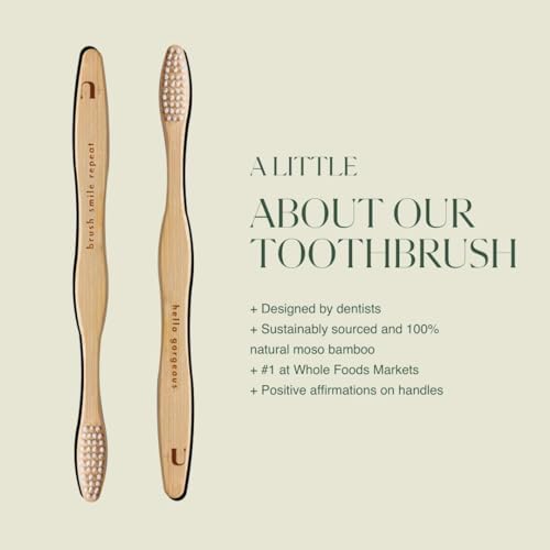 Plus Ultra 2-Pack Bamboo Toothbrush - BPA Free Soft Bristle - Dentist-Approved and All-Natural with Brush Smile Repeat and Hello Gorgeous Etched on Handles