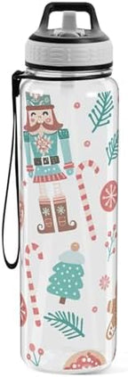 Christmas Nutcracker Water Bottle with Straw Lid 32oz Leakproof Clear Gym Water Bottles for Women Men Outdoor Sport Drinking