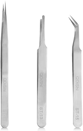 QDiShi Precision Tweezers Set,Upgraded Stainless Steel of Tweezers - Extra Fine,Angled,Blunt Tips for Electronics,Hobby, Industrial,Laboratory Work,Jewelry-Making,Model,Craft（3Pcs）