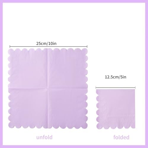 100 Pack Cocktail Napkin 2-Ply Scalloped Edged Dessert Napkins Folded 5 x 5 Inches Disposable Napkins for Dinner Wedding Birthday Party Bridal Anniversary Reception Event (Purple)
