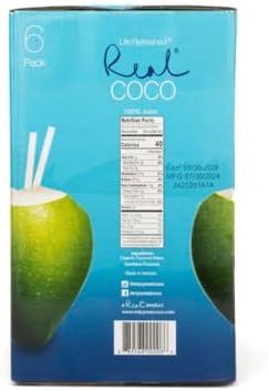 Real Coco All Natural Pure Coconut Water (6-Pack 1L), Single Ingredient, No Added Sugar, Plant Based, Packed with Electrolytes, Vegan