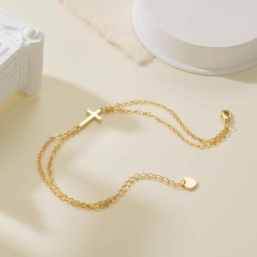 Gold Bracelets for Women 14K Gold Sideways Cross Bracelet for Women Religious Christian Bracelets for Womens Delicate Modern Stacked Look Double Layered Bracelet for Womens