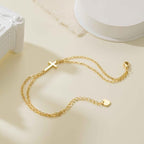 Gold Bracelets for Women 14K Gold Sideways Cross Bracelet for Women Religious Christian Bracelets for Womens Delicate Modern Stacked Look Double Layered Bracelet for Womens