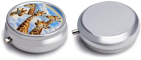 Giraffe Rainbow Pattern Pill Box, Small Pill Organizer with 3 Compartments and Mirror, Fun Round Portable Travel Metal Pill Case