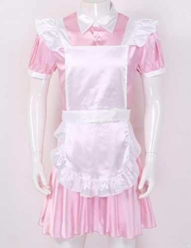 Men's French Maid Cosplay Uniform Silk Satin Mini Dress with Apron Sissy Crossdressing Pajamas Set