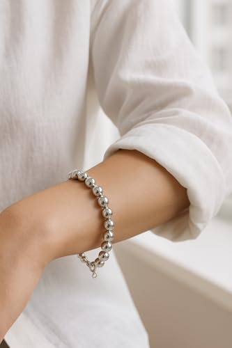 925 Sterling Silver Beaded Bracelet, Round Ball Chain, Lobster Clasp