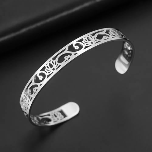 VASSAGO Lotus Flower Bracelet Adjustable Flower Bangle Stainless Steel Lotus Cuff Bracelet Boho Floral Jewelry Gift