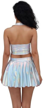 Women's Sexy Shiny Metallic Holographic Mini Skater Skirt High Waist Pleated Dance Skirt