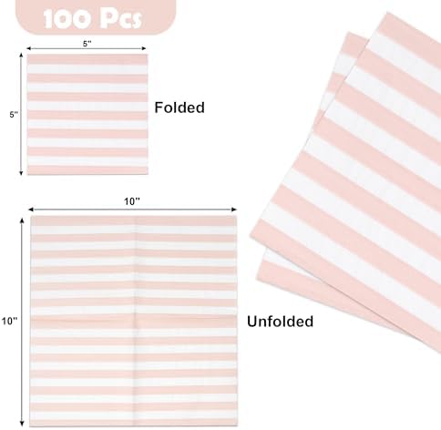 100 Pcs Pink & White Stripe Cocktail Beverage Napkins Disposable Paper Striped Dessert Napkin for Birthday Bridal & Baby Shower Party Supplies Decor