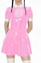Female Turndown Collar Leather Dress Casual Short Sleeve Mini Dress Buttons PVC Dress,Light Pink,S