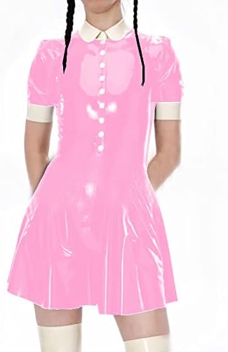 Female Turndown Collar Leather Dress Casual Short Sleeve Mini Dress Buttons PVC Dress,Light Pink,S