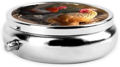 Rooster and Chicken Pill Box 3 Compartment Metal Pill Case Portable Travel Pill Organizer for Pocket or Purse Decorative Round Medicine Box Vitamin Container Unique Gift