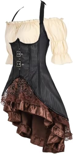 Jutrisujo Underbust Corset Long Top Khaki Blouse Dress 3 Set Outfits for Women Renaissance Pirate Gothic Halloween