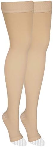 NuVein Medical Compression Stockings, 15-20 mmHg Support, Women & Men Thigh Length Hose, Open Toe, Beige, X-Large