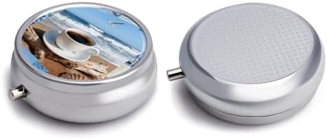 Coastal Coffee Collage Pill Box, 3 Compartment Small Pill Case, Metal Round Portable Storage Box Stores Vitamins, Medicines, Fish Oil and Supplements