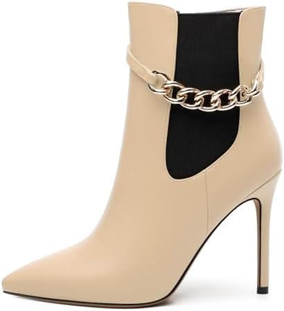 Womens Boots, Stiletto Heel Ankle High Bootie, Side Zip Fashion Pointed Toe Short Boots for Women, Chain Strap Ankle Boots for Women