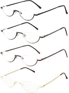 REAVEE 4 Pack Retro Designer Alloy Half Moon Reading Glasses for Women Men Half Frame Spring Hinge Stylish Slim Reader with Pouch, Black, Grey, Gold and Silver, 2.5