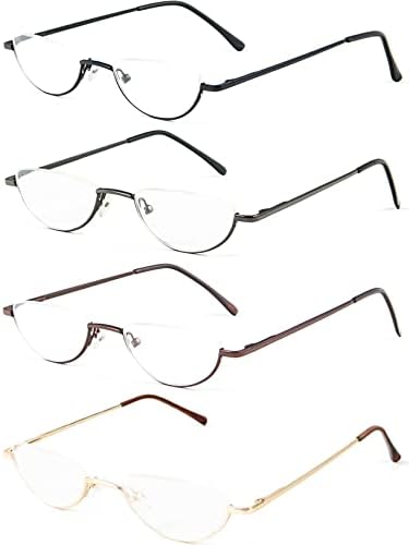 REAVEE 4 Pack Retro Designer Alloy Half Moon Reading Glasses for Women Men Half Frame Spring Hinge Stylish Slim Reader with Pouch, Black, Grey, Gold and Silver, 2.5