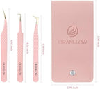 Lash Tweezers Set for Eyelash Extensions - 3 Precision Fiber Tip Diamond Grip, Volume,L-shape Boot, 90 Degree Lash Tweezers for Volume Classic Lashes Premade Fans (3)