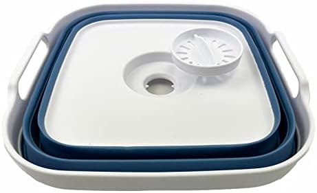SAMMART 10L (2.64 Gallon) Collapsible Dishpan with Draining Plug - Foldable Washing Basin - Portable Dish Washing Tub - Space Saving Kitchen Storage Tray (White/Metalic Blue)