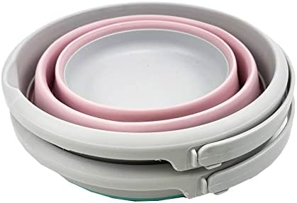 SAMMART 5.5L (1.4 Gallon) Set of 2 Collapsible Plastic Bucket - Foldable Round Tub - Portable Fishing Water Pail - Space Saving Outdoor Waterpot. (Pale Pink + Pine)