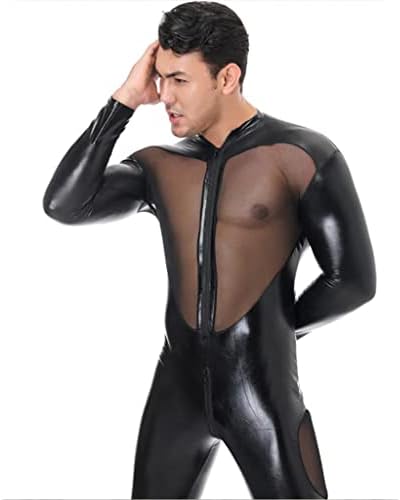 Men's Sexy Latex Lace Net yarn stitching Catsuit Leather Jumpsuit Full Body Bodysuit Wet Look Clubwear Clothing