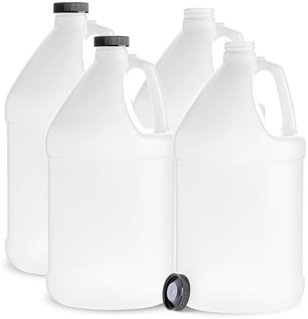 kitchentoolz 1 Gallon Water Jug - Empty Plastic Reusable Container for Liquids - HDPE Large 128 oz - Pack of 4 - Airtight Polycone Lids