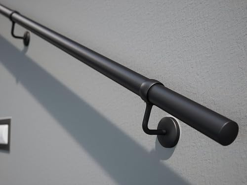 ROTHLEY Pipe Stair Handrail, 3Ft Metal Staircase Handrails Black Powder Coated Steel Hand Rails for Indoor & Outdoor Steps Wall Mount Support 1.6" Round Stair Railing with Zinc Alloy Brackets