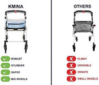 KMINA Narrow Walker for Small Spaces, Foldable Walker with Tray and Basket, 4 Wheels and Brakes, Lightweight Indoor Rollator for Seniors, Blue, PRO Model