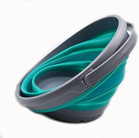 SAMMART 10L (2.6 Gallon) Collapsible Plastic Bucket - Foldable Round Tub - Portable Fishing Water Pail - Space Saving Outdoor Waterpot, Size 33cm Dia (1, Grey/Bluish-Green)