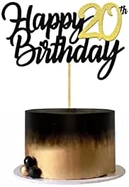 Happy 20th Birthday Cake Toppers Glitter 20th Anniversary Cake Topper 20 Years Loved Bday Decorations 20 Gold Birthday Cake Decorations Twenty Party Supplies for Women Men(Black Gold)