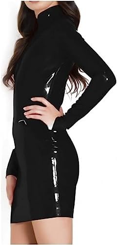 Black Sexy Latex Dress with Collar Long Sleeves Back Full Zipper Rubber Bodycon Playsuit,Black,XX-Large
