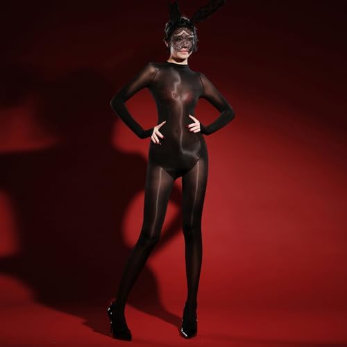 Women Oil Shiny Long Sleeve Bodysuit Glossy Bodystocking Full Body Stocking Nylon Catsuit