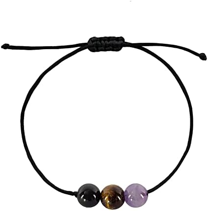 BOHO GARDEN Healing Bead Bracelets - Spiritual Crystal Beaded Bracelet - Made of 3 Real & Natural Gemstones, Adjustable 3-9.7” Black Rope - Gem Stones Jewelry for Men, Women, Teens (13+) - 8mm Bead
