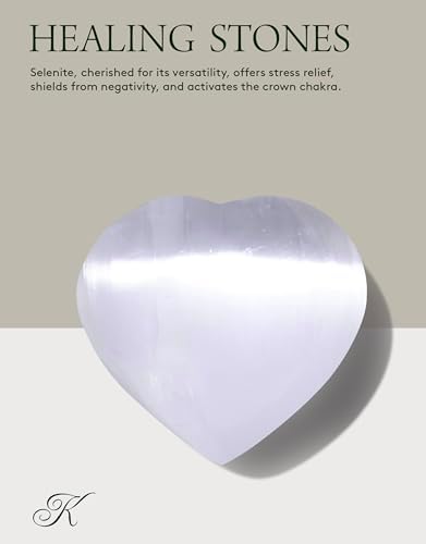KALIFANO Selenite Heart Worry Stone with Healing & Calming Effects - High Energy Selenita/Satin Spar Love Palm Stone Used for Cleansing and Protection (Information Card Included)