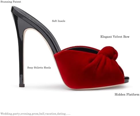 LEHOOR Women Stiletto Heel Mules Platform Bow Round Open Toe Slip On Mule Sandals Velvet Cute 5 Inch Thin High Heels Peep Toe Stilettos Backless Sandal Heels Dress Evening Party 5-12 M US
