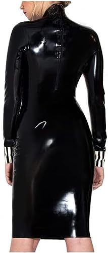 Black and White Sexy Latex Dress with Bow Stripe Cuffs Zipper at Back Rubber Teacher Uniform Playsuit Bodycon,Custom Color,L