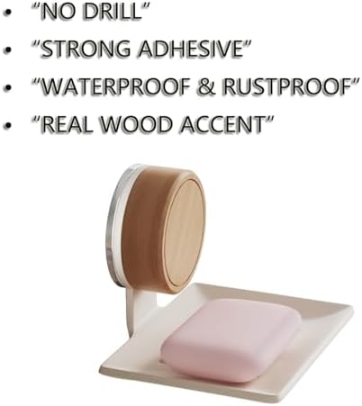 Self Adhesive Soap Dish, No Drill Wall Mounted Soap Holder, Metal Soap Saver with Drainage Tray, Waterproof Bathroom Soap Rack with Wood Accent for Shower Kitchen Sink(White)