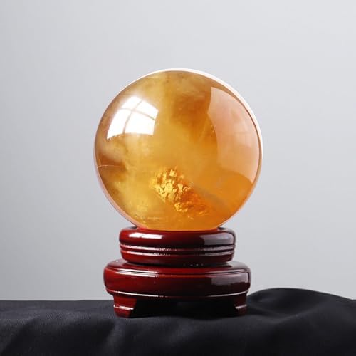 Natural Polished Citrine Crystal Ball Healing Yellow Calcite Sphere Reiki Gemstone Ball with Wooden Stand Crystal Figurine for Home Decoration and Feng Shui,17cm